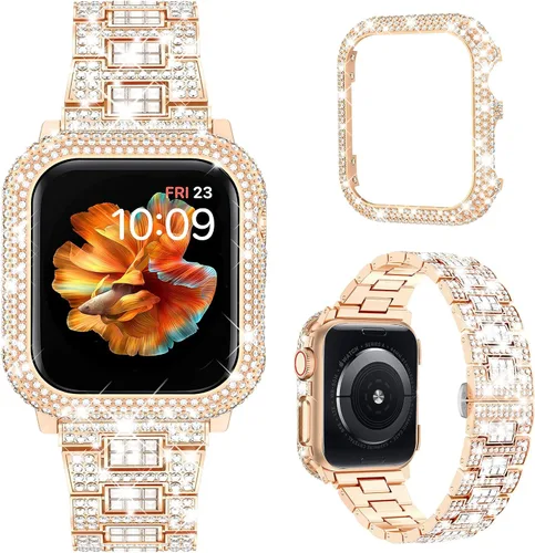 Miniatura 10 de Mosonio Compatible con correas brillantes para Apple Watch de 40/44/41/45/42/1.811 in con caja de metal brillante, bandas de diamantes de lujo
