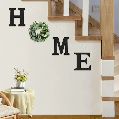 Miniatura 4 de Cartel colgante de madera con letras en inglés «HOME» (Hogar) con corona de eucalipto artificial para la letra «O», decoración de pared estilo Negro