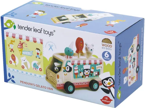 Miniatura 3 de Tender Leaf Toys - Furgoneta de gelato de pingüino - Vehículo de madera de helado de juego de comida estilo camión de comida - Fomenta el juego