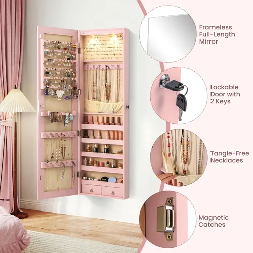 Miniatura 52 de Giantex Armario de joyería para puerta de pared con espejo de longitud completa, 2 LED con cerradura grande organizador de joyas con espejo ancho