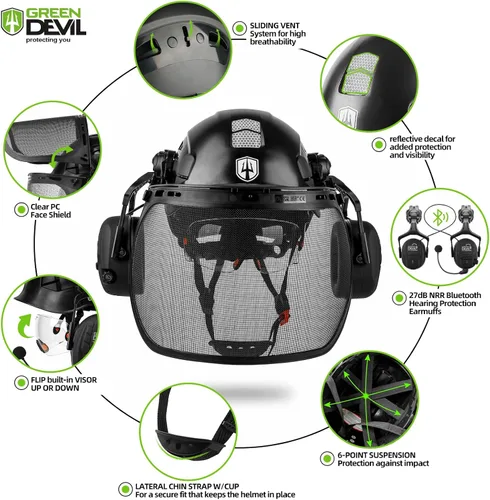 Miniatura 2 de Casco de seguridad para motosierra forestal GREEN DEVIL con orejeras Bluetooth Casco de arborista Casco duro con visera incorporada Protector facial