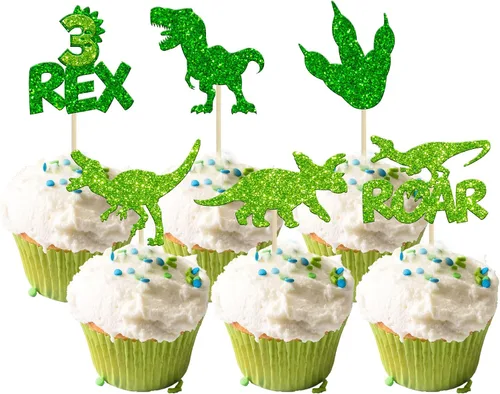 Miniatura 11 de Gyufise 24 piezas de adornos de dinosaurios con purpurina azul 3 Rex Roar Dinosaur Cupcake Picks Three Years Old Dino Theme Baby Shower 3er Birthday