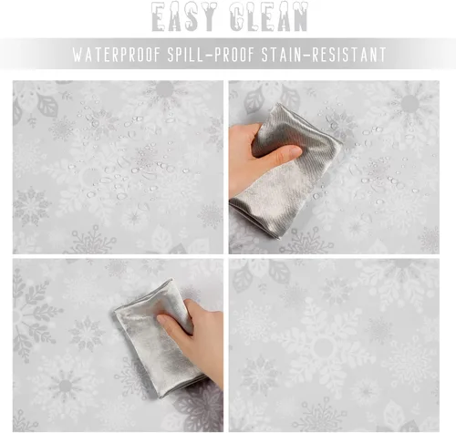Miniatura 7 de Mantel de Navidad, mantel de copo de nieve gris y blanco, mantel impermeable de Navidad gris para comedor, cocina, vacaciones de invierno, funda