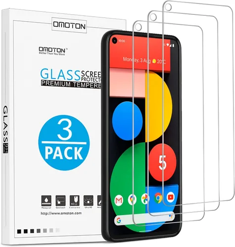OMOTON [Pack de 3 protectores de pantalla para Google Pixel 5 - Protector de pantalla de vidrio templado/compatible con estuche/antiarañazos para