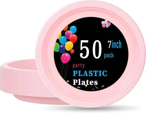 Miniatura 32 de WELLIFE Platos de plástico rojos de 7 pulgadas, 50 platos desechables para fiesta, día de la madre, plato pequeño de postre para cena, pasteles