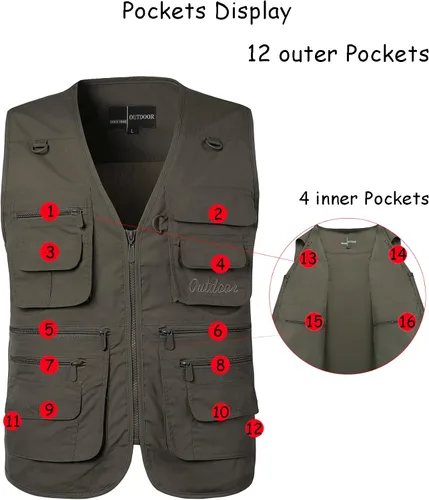 Miniatura 6 de Chaleco de pesca para hombre, de secado rápido, con bolsillos, transpirable, para fotografía, para exteriores, sin mangas