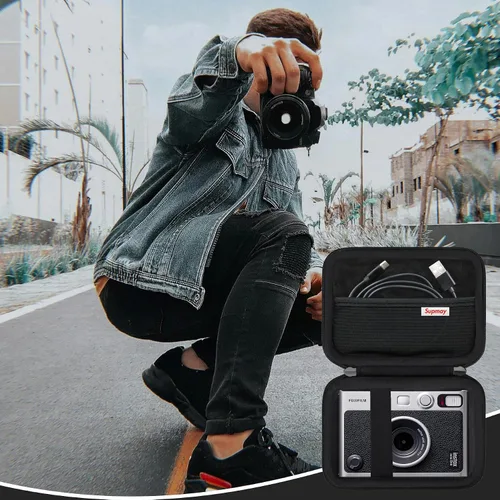 Miniatura 7 de Funda de transporte compatible con cámara instantánea Fujifilm Instax Mini EVO, bolsa de viaje con bolsillo de malla para fotos, cables USB