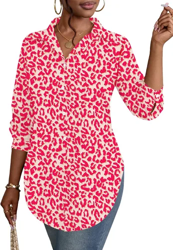 Miniatura 38 de Rooscier Blusa larga con cuello en V para mujer, manga larga, abertura lateral, con botones