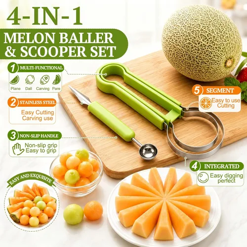 Miniatura 5 de Juego de palas de melón Suuker, 4 en 1 cortadores de frutas con formas, cuchara de sandía, cuchara de frutas y pelador de bolas, herramientas