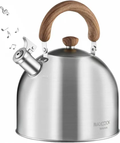 Miniatura 9 de Hervidor de té de acero inoxidable 18/8 para estufa (2L / 2.1 cuartos, tetera silbante, mango de madera) - Plateado