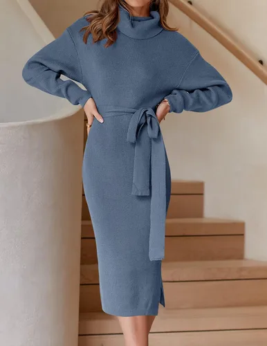 Miniatura 2 de ZESICA - Vestido por debajo de la rodilla de suéter, de cuello alto, para mujer, de manga larga, de punto acanalado, con abertura y cinturón