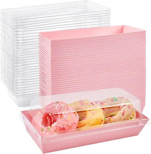 Ocmoiy Cajas de charcutería con tapas transparentes, paquete de 50 cajas de panadería rosadas, cajas de galletas, cajas pequeñas de golosinas para