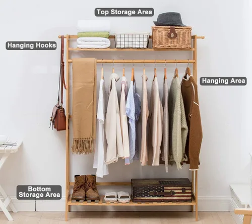 Miniatura 2 de COPREE Perchero de bambú para colgar ropa resistente con estante superior y estantes organizadores de almacenamiento de ropa para zapatos