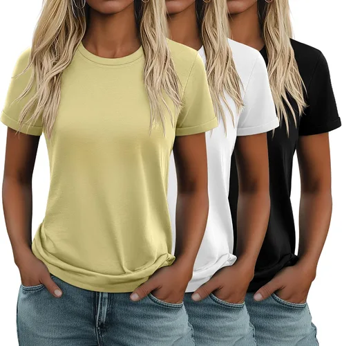 Miniatura 45 de Huukeay Paquete de 3 camisetas de algodón para mujer, estilo casual, de manga corta, cuello redondo, ajuste holgado, básica, lisa