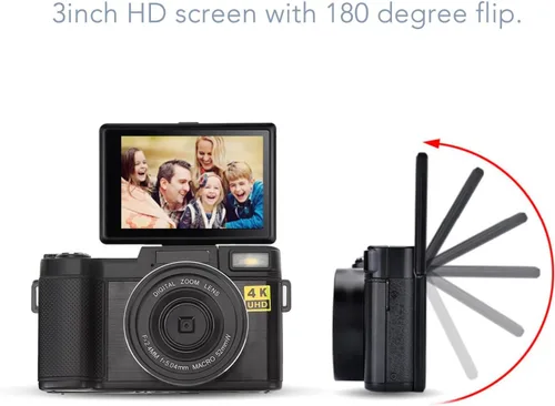 Miniatura 4 de Cámara digital 4K, 3 pulgadas, 48 MP, 16X, zoom de 180°, cámara de vlogging antivibración con función de belleza facial, para adolescentes, adultos