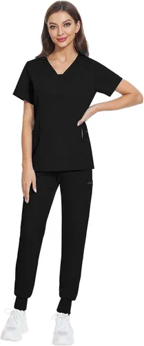 Miniatura 28 de VIAOLI Conjunto de ropa quirúrgica para mujer, camiseta con cuello en V y pantalones médicos tipo cargo para mujer, 10 bolsillos