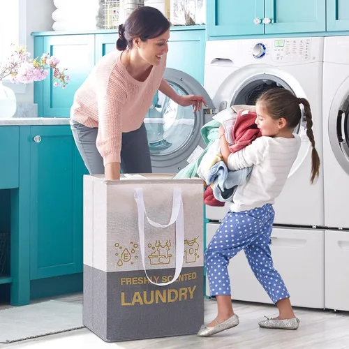 Miniatura 2 de Paquete de 2 cestas de lavandería de 92 litros con asas, impermeable, plegable, para dormitorio, cuarto de baño