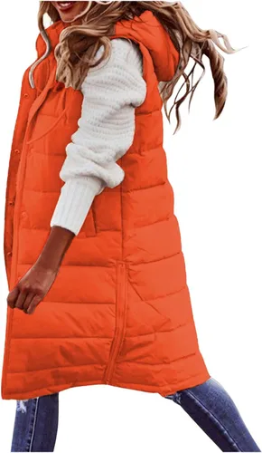 Miniatura 31 de Chaleco largo para mujer, sin mangas, acolchado, con cremallera, capucha, abrigo de invierno cálido, ligero, con bolsillos
