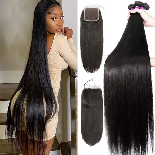 Miniatura 22 de Paquetes de pelo lacio brasileño, cabello humano virgen 100% sin procesar, color negro natural, 4 paquetes, 12, 14, 16 y 18 pulgadas