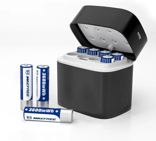 Maxfree Paquete de 8 baterías recargables de litio AA con cargador - Cargador de doble propósito para AA Lithium y NiMH - Baterías dobles A de 1.5 V