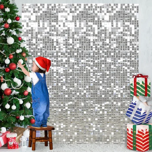 Miniatura 33 de 12 paneles cuadrados de lentejuelas brillantes para pared color azul claro (Baby Blue) telón de fondo decorativo para fiestas de bodas