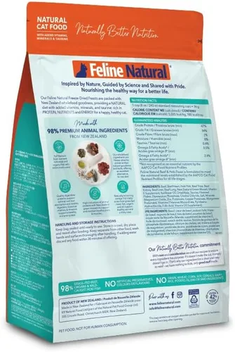 Miniatura 8 de Alimento para gatos seco de alta proteína de Feline Natural, dieta liofilizada con 98% de carne, órganos y mariscos, sin guisantes, granos