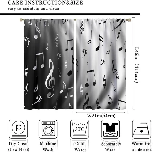 Miniatura 2 de Cortinas de ventana de música, notas musicales blancas y negras, tratamiento de ventana de patrón abstracto para dormitorio, sala de estar, Music-3