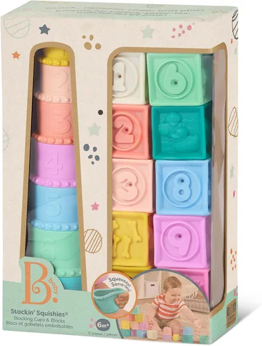 Miniatura 10 de B. toys Juguetes sensoriales para bebés - Bloques suaves para bebés - Vasos de goteo apilables - Números, formas y animales - Más de 6 meses