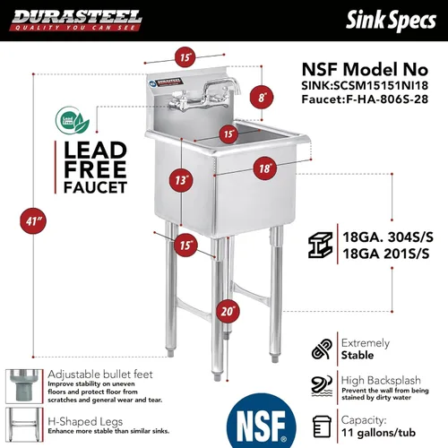 Miniatura 2 de DuraSteel 304 Fregadero Utilitario Comercial de Acero Inoxidable - Fregadero de Cocina Prep de 15 Pulgadas Independiente con Grifo - Estación