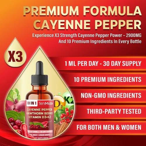 Miniatura 3 de Gotas líquidas de pimienta de cayena 10 en 1 con vitamina D3, vitamina K2, bayas de espino, raíz de remolacha, jengibre, canela de Ceilán, cúrcuma