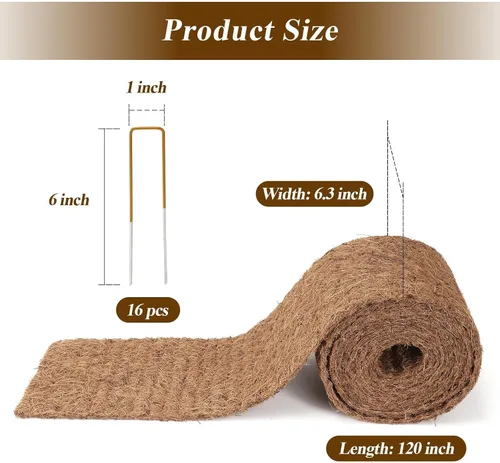 Miniatura 6 de Mantillo natural para paisajismo de 120 x 6.3 pulgadas, rollo de fibra de coco con 16 estacas de acero en forma de U, borde de jardín, barrera