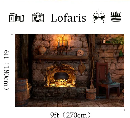 Miniatura 5 de Lofaris Telón de fondo de Halloween de 9 x 6 pies para fotografía, casa embrujada, habitación de bruja gótica, chimenea, suelo de ladrillo