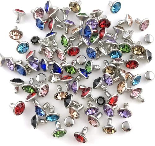 Miniatura 4 de 100 juegos de remaches de 8 mm de colores mixtos con cristales CZ, remaches de strass, remaches de plata con puntas de color plateado