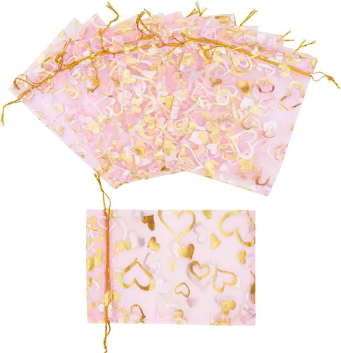 Miniatura 3 de G2PLUS - Bolsas de organza de corazón, 50 bolsas de regalo con cordón transparente de 4 x 6 pulgadas Pink Mesh Bags with Gold Foil Hearts for