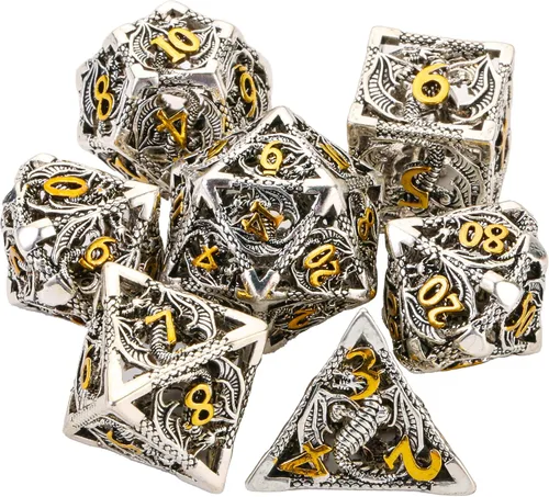 Miniatura 15 de Juego de dados de metal DND Dungeons and Dragon, juego de dados huecos poliédricos de dragón mágico de 7 piezas con caja de metal de regalo