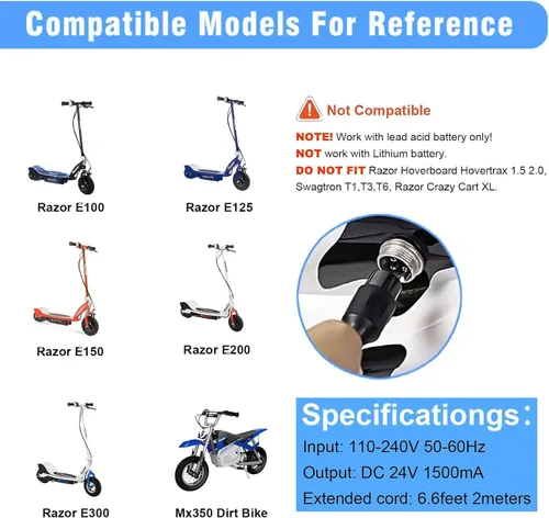 Miniatura 2 de Cargador de scooter eléctrico de 24 V para Razor E100 E125 E150 E175 E200 E300 MX350 Dirt Bike Pocket Mod Dirt Quad Motocicleta Scooter Cargador