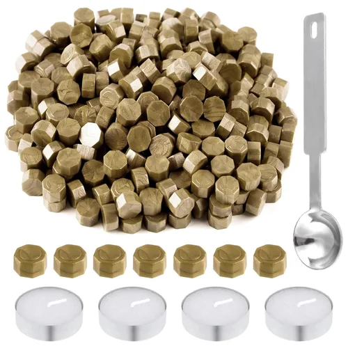 500 piezas de cuentas de cera octogonales para sellos de cera de bronce con 4 velas de té y 1 cuchara para derretir cera para manualidades, cartas,