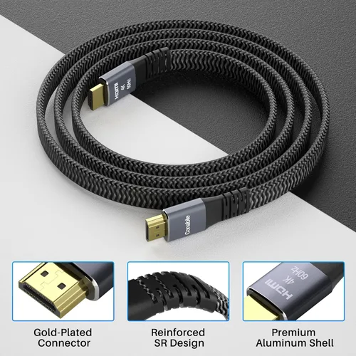 Miniatura 2 de Cable HDMI plano (paquete de 2, 8 pies + 8 pies), cable trenzado HDMI 4K de alta velocidad, cobre puro, soporta 4K @60Hz 2160p 1080p HDR HDCP 2.2