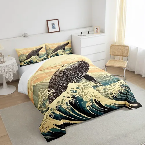 Miniatura 4 de Erosebridal Juego de edredón de ballena náutica, tamaño individual, juego de ropa de cama vintage azul con ondas oceánicas para niños y niñas