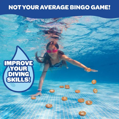 Miniatura 2 de Juego de buceo de bingo en piscina para niños, edición divertida de fiesta de verano, bucea y llama a 30 "números" de temática tropical hundida