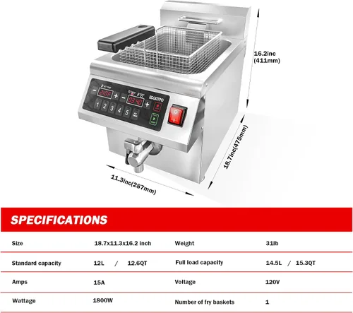 Miniatura 6 de EGGKITPO Freidora de inducción comercial de 12.6 cuartos de galón con temporizador, freidora eléctrica de drenaje con cesta, freidora de mesa grande