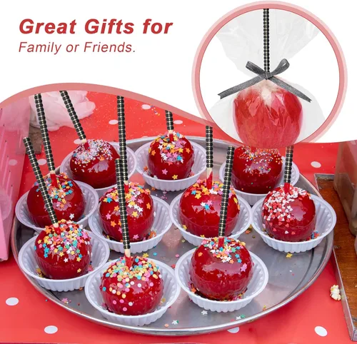 Miniatura 5 de Kit de 24 palos para caramelo de manzana, 24 palos brillantes para manzana con pedrería de rinestone de madera con 24 bolsas/ 25 yardas de cinta