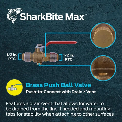 Miniatura 2 de SharkBite Válvula de bola máxima de 1/2 pulgada con ventilación de drenaje y pestaña de montaje, empuje para conectar accesorios de plomería