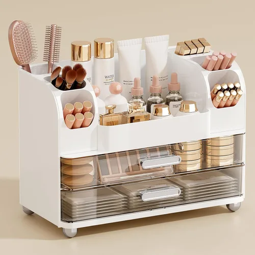 Miniatura 10 de UFORU Organizador de maquillaje para tocador con 2 cajones grandes, vitrina de cosméticos con soportes para cepillos, fácil de almacenar