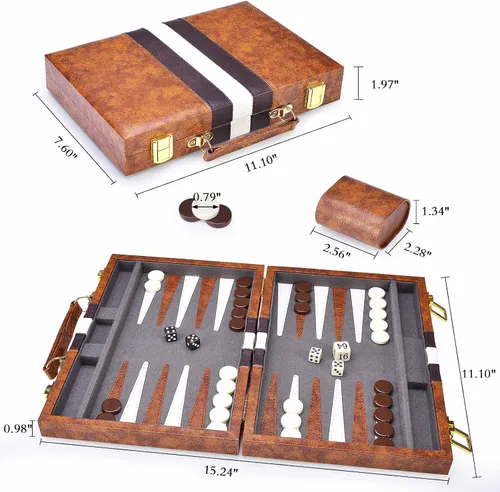 Miniatura 7 de AMEROUS Juego de Backgammon, Juego de Mesa Clásico de 11 Pulgadas con Estuche de Cuero, Tablero Plegable, Paquete de Regalo, Juego de Estrategia
