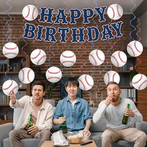 Miniatura 3 de KORHONEN Decoraciones de fiesta de cumpleaños de béisbol, pancarta de feliz cumpleaños y espirales colgantes para decoraciones de fiesta temática