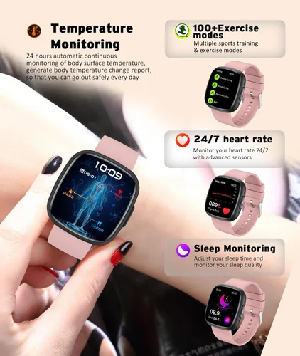 Miniatura 5 de Reloj inteligente resistente al agua, pantalla táctil HD de 1.72 pulgadas, rastreador avanzado de salud con más de 100 modos de ejercicio, Rosa