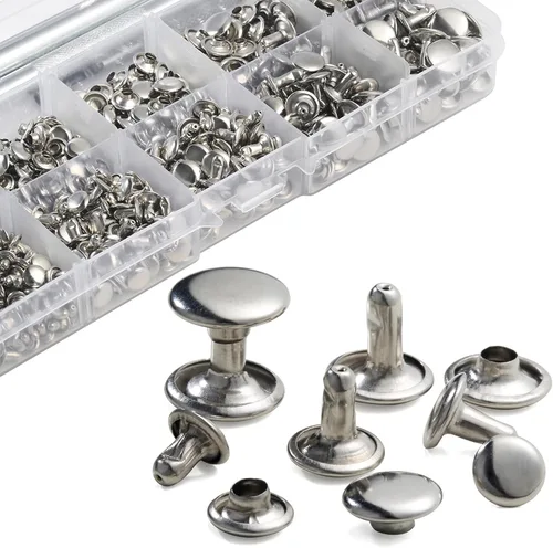 Miniatura 3 de YORANYO 340 juegos de kit de remaches de cuero de tamaños mixtos, remaches para cuero, remaches de doble tapa, tachuelas para ropa y tela con Plata