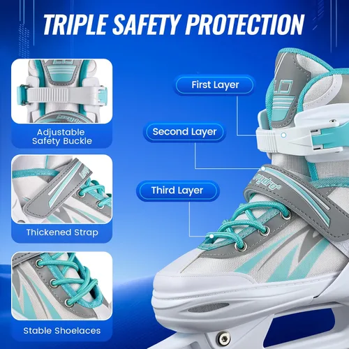 Miniatura 4 de Patines de hielo ajustables para niños, niñas y niños, 4 tamaños ajustables para principiantes, patines de hockey sobre hielo para jóvenes y Azul