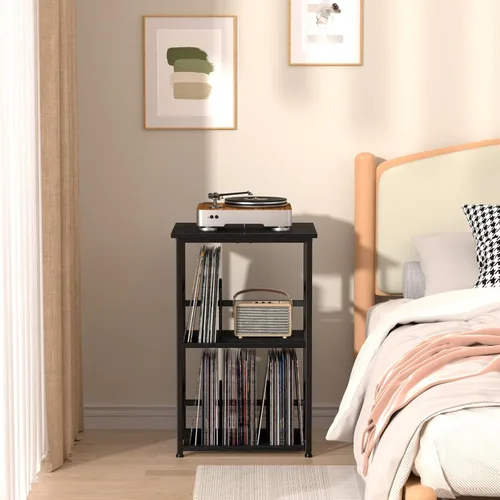 Miniatura 4 de LOAKEKEL Soporte para tocadiscos con almacenamiento de vinilo, mesa auxiliar de 3 niveles con estante, soporte giratorio alto con divisores
